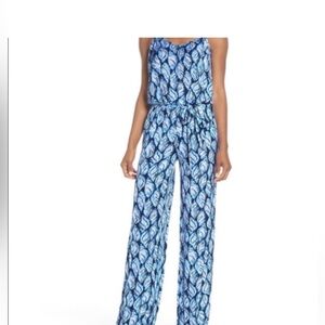 Lilly Pulitzer jumpsuit blue white shell print design pockets
